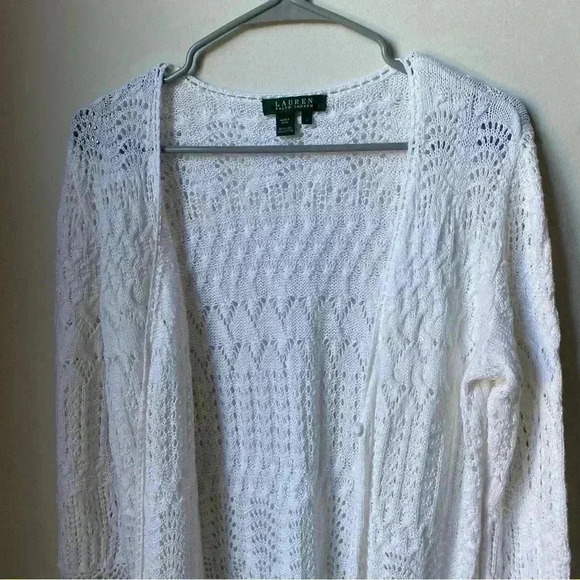 Lauren by Ralph Lauren White Crochet Linen & Cotton Cardigan, Size Large cottage - Picture 4 of 14
